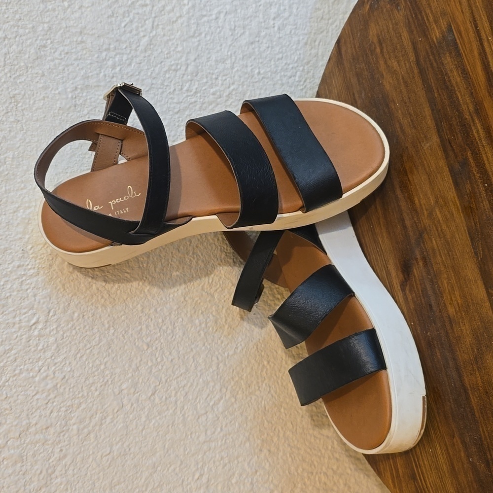 Mila Paoli Womens Black Italian Leather Platform Sandals Strappy Neutral Sz.10.5